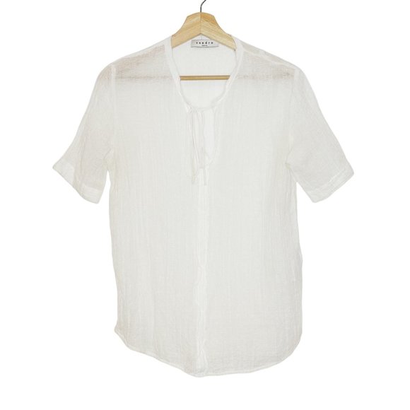 Sandro Paris Linen Cotton Blend White Top Blouse V-Neck Tie Sheer 4 Cottagecore - Picture 1 of 10